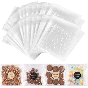100PACK Self Adhesive Cookie Bags Cellophane Treat Bags Thank You Candy Bags for Gift Giving with Stickers(White Polka Dot, 5.5x5.5 INCH) in Kuwait