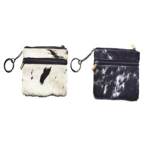 Ess Western Cow Hair Coin Purse Pouch 2 Zipper Mobicets-1 Open Pocket Wallet with Keychain و Black-White White Rested Relaid Cowhide Leather ، Fut