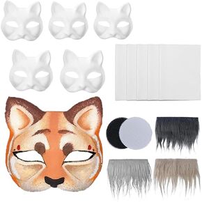 Cat Mask Diy Kit - 5pcs قناع Cat أبيض للطلاء ، مع نسيج فرو فو وشبكة النسيج للعينين ، مجموعة Therian Mask Fox Therian ، 6.5*7 بوصة