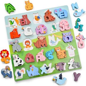 Atoylink Wooden الأبجدية للألغاز للأطفال الصغار 1-3 ، والألغاز ABC مع لوحة الإملاء والحيوانات ، وألعاب التعلم التعليمي في مرحلة ما قبل المدرسة للأطفال 3-5 ، هدايا عيد ميلاد Chritmas للفتيات والفتيان 1 2 3 4 5