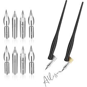Giantree 10pcs مجموعة قلم الخلاف المائل ، قلم القلم الهزلي مجموعة الكاتب السائل ، حامل القلم 2 في 1 مع 8 قطع بديلة من الفولاذ المقاوم للصدأ NIB