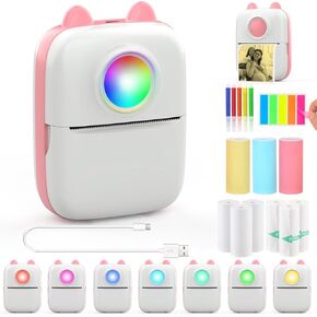 HuiJuKeJi Inkless Sticker Printer 7-Color Light Mini Thermal Printer,10 Rolls Thermal Paper,Color Pen for iOS&Android,Bluetooth Pocket Portable Receipt Printer for Photo Journal Notes Memo-Blue