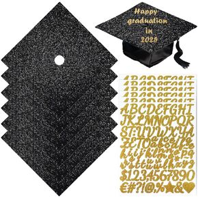 LUFEEMGA 2025 6 Pcs Black Glitter Cardstock Graduation Cap DIY Decoration Paper Kit, Construction Paper Topper & Alphabet Adhesive Stickers with 50 Adhesive Dots