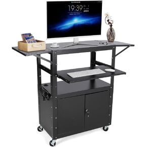 AV Cart, Rolling AV Cart with Lockable Cabinet, Mobile with Wheels, Hight Adjustable 24-42", Perfect for Home or Office Use