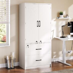 DWVO File Cabinet with Lock, Wood Filing Cabinet with Doors, Storage Cabinets with Adjustable Shelves, Garage Tool Cabinets for Home Office, Living Room, Pantry, Basement, Warehouse, White