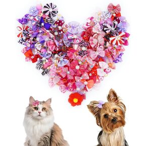 PET SHOW 100 Pack Girl Dog Hair Bows with Rubber Bands for Small Dogs Female Puppies Yorkies Pink Topknot Red Purple Medium Dogs Cats with Long Hair Assorted Pet Grooming Accessories (100)