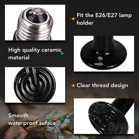 Simple Deluxe 150W 2-Pack Ceramic Heat Emitter Reptile Heat Lamp Bulb No Light Emitting Brooder Coop Heater for Amphibian Pet & Incubating Chicken,Black in Saudi Arabia