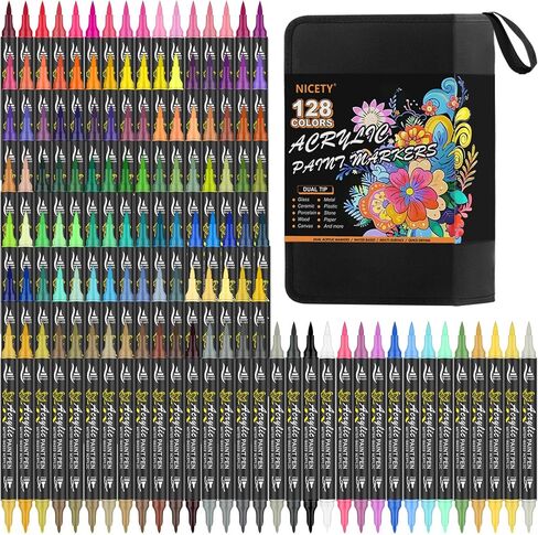 128 Acrylic Paint Markers, Dual Tip Brush Paint Pens for Rock Painting, Wood, Glass, Stone, Canvas, Ceramic, Fabric - Fine & Brush Tip Water Based Acrylic Markers Pens in Kuwait