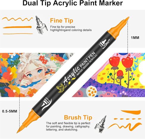128 Acrylic Paint Markers, Dual Tip Brush Paint Pens for Rock Painting, Wood, Glass, Stone, Canvas, Ceramic, Fabric - Fine & Brush Tip Water Based Acrylic Markers Pens in Kuwait