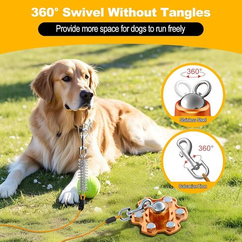 Dog Tie Out Stake, 360° Swivel Stake No Tangle, Heavy Duty Tether for Yard (No Cable) with 6 Strong Screw Anchors Hold up to 180 lbs of Pull Force, Dog Runner for Outside Camping Yard, Orange in Saudi Arabia