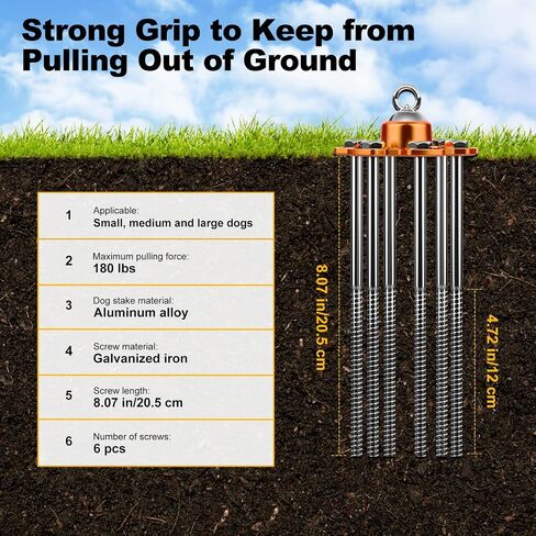 Dog Tie Out Stake, 360° Swivel Stake No Tangle, Heavy Duty Tether for Yard (No Cable) with 6 Strong Screw Anchors Hold up to 180 lbs of Pull Force, Dog Runner for Outside Camping Yard, Orange in Saudi Arabia