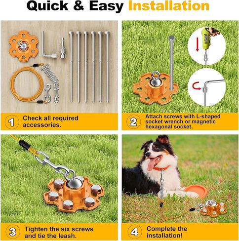 Dog Tie Out Stake, 360° Swivel Stake No Tangle, Heavy Duty Tether for Yard (No Cable) with 6 Strong Screw Anchors Hold up to 180 lbs of Pull Force, Dog Runner for Outside Camping Yard, Orange in Saudi Arabia