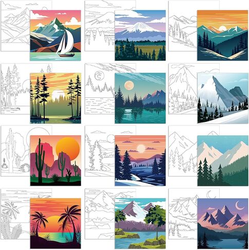 12 Pcs Pre Drawn Canvas to Paint, 7.9" X 7.9" Fruit&Landscape Theme Pre Printed Canvas for Kids, Pre Stretched Canvas Outline Painting Boards for Beginners, Students, Party Favor (Landscape) in Saudi Arabia