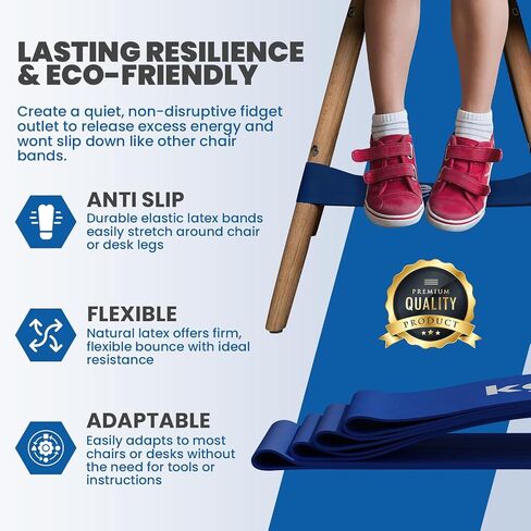 12 Pack, Anti Slip Feature Chair Elastic Bands for Kids with Fidgety Feet, Fidget Bands for Classroom Chairs, Chair Bands for Kids, Sensory Strips, Bounce Bands, Friendly & Durable Latex (Blue) in Saudi Arabia