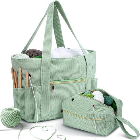 Bulyoou 2 Pcs Crochet Bag and Tote Set Corduroy Yarn Bag for Hooks Organizer Yarn Holder for Crochet Lovers Knitting Accessories(Pink) in Kuwait