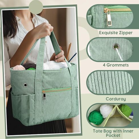 Bulyoou 2 Pcs Crochet Bag and Tote Set Corduroy Yarn Bag for Hooks Organizer Yarn Holder for Crochet Lovers Knitting Accessories(Pink) in Kuwait