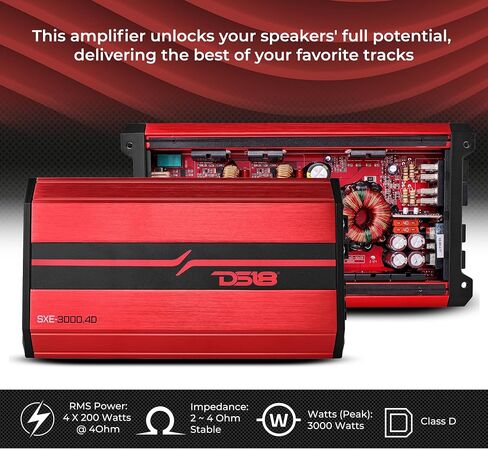 DS18 SXE-1200.4/RD Car Amplifier Stereo Full-Range Class A/B 4-Channel 60x4 RMS @4 OHM 1200 Watts - Powerful and Compact Amp for Speakers in Car Audio System in Kuwait
