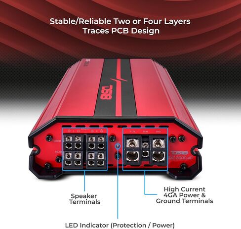 DS18 SXE-1200.4/RD Car Amplifier Stereo Full-Range Class A/B 4-Channel 60x4 RMS @4 OHM 1200 Watts - Powerful and Compact Amp for Speakers in Car Audio System in Kuwait