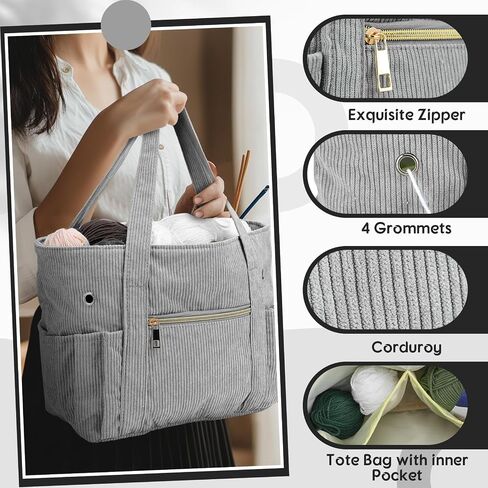 Bulyoou 2 Pcs Crochet Bag and Tote Set Corduroy Yarn Bag for Hooks Organizer Yarn Holder for Crochet Lovers Knitting Accessories(Pink) in Kuwait