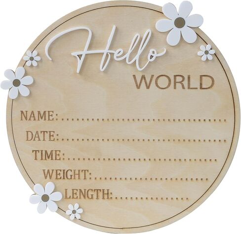 Hello World Wooden Birth Announcement Sign, 6.2 inch Round Nursery Photo Prop, Baby Name Weight Length Date Time Plaque (BB122) in Saudi Arabia