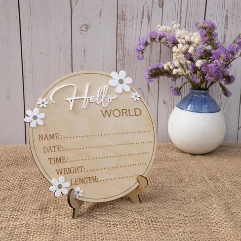Hello World Wooden Birth Announcement Sign, 6.2 inch Round Nursery Photo Prop, Baby Name Weight Length Date Time Plaque (BB122) in Saudi Arabia