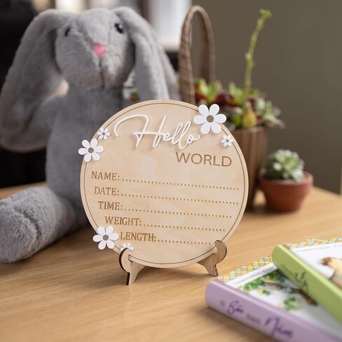Hello World Wooden Birth Announcement Sign, 6.2 inch Round Nursery Photo Prop, Baby Name Weight Length Date Time Plaque (BB122) in Saudi Arabia
