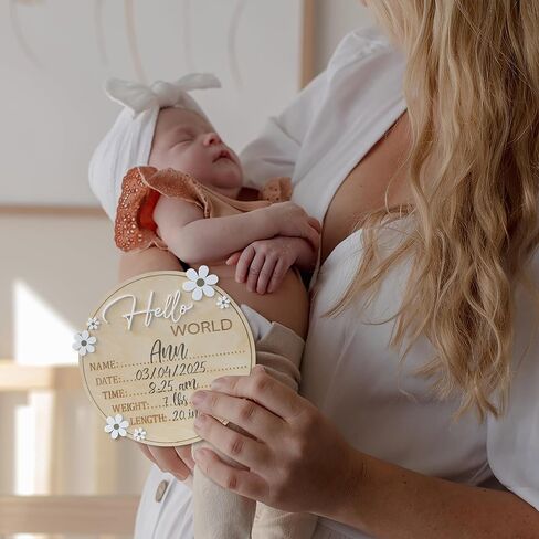 Hello World Wooden Birth Announcement Sign, 6.2 inch Round Nursery Photo Prop, Baby Name Weight Length Date Time Plaque (BB122) in Saudi Arabia
