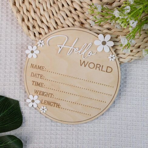 Hello World Wooden Birth Announcement Sign, 6.2 inch Round Nursery Photo Prop, Baby Name Weight Length Date Time Plaque (BB122) in Saudi Arabia