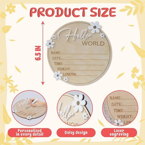 Hello World Wooden Birth Announcement Sign, 6.2 inch Round Nursery Photo Prop, Baby Name Weight Length Date Time Plaque (BB122) in Saudi Arabia