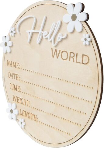 Hello World Wooden Birth Announcement Sign, 6.2 inch Round Nursery Photo Prop, Baby Name Weight Length Date Time Plaque (BB122) in Saudi Arabia
