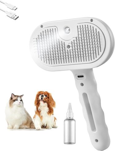 Pet Grooming Steam Brush, Pet Spray Hair Removal Comb, Anti-Static, Rechargeable, Comfortable Grip, for Dogs & Cats, Spray Hair Removal Comb, Steam Brush for Shedding & Grooming, White in Kuwait