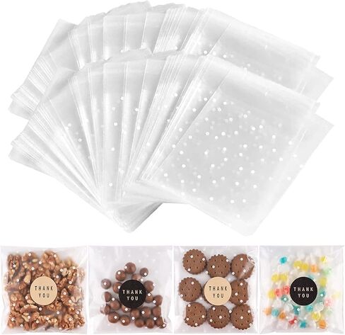 100PACK Self Adhesive Cookie Bags Cellophane Treat Bags Thank You Candy Bags for Gift Giving with Stickers(White Polka Dot, 5.5x5.5 INCH) in Kuwait