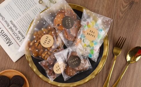 100PACK Self Adhesive Cookie Bags Cellophane Treat Bags Thank You Candy Bags for Gift Giving with Stickers(White Polka Dot, 5.5x5.5 INCH) in Kuwait