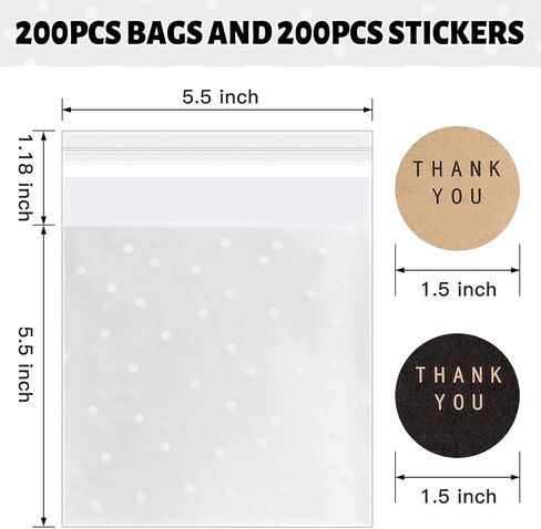 100PACK Self Adhesive Cookie Bags Cellophane Treat Bags Thank You Candy Bags for Gift Giving with Stickers(White Polka Dot, 5.5x5.5 INCH) in Kuwait