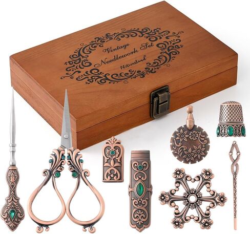NOTIONSLAND Embroidery Scissor Set, Vintage Embroidery Supplies, Needle Case, Sewing Awl, Scissor, Thimble, Floss Board for Embroidery, Needlework, Copper in Kuwait