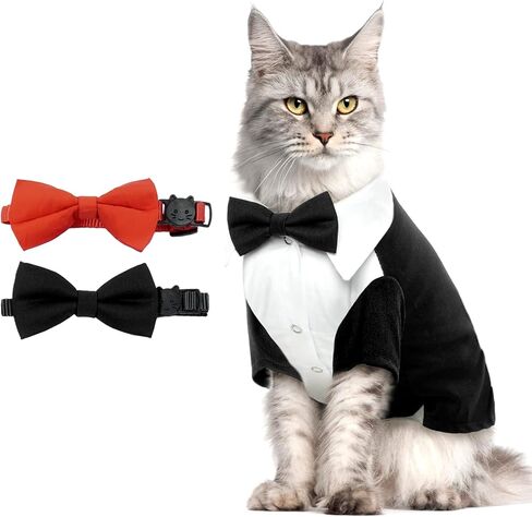 QBLEEV Cat Tuxedo Suit, Sphynx Cat Suit for Cat with Two Bow Tie, Cat Tuxedo Outfit for Birthday Photo Shoot, Formal Onesie Attire Wedding Costumes for Kitten, Male Cat Clothes for Hairless Cats Only in Saudi Arabia