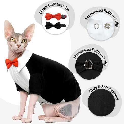 QBLEEV Cat Tuxedo Suit, Sphynx Cat Suit for Cat with Two Bow Tie, Cat Tuxedo Outfit for Birthday Photo Shoot, Formal Onesie Attire Wedding Costumes for Kitten, Male Cat Clothes for Hairless Cats Only in Saudi Arabia