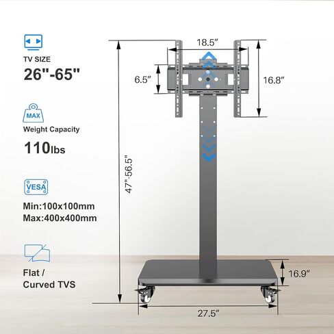 Mobile TV Cart Rolling TV Stand for 26 to 65 Inch TVs, Landscape to Portrait Rotating, Height Adjustable Portable Floor TV Stand with Locking Wheels Hold Up to 110 Lbs Max VESA 400x400mm in Kuwait