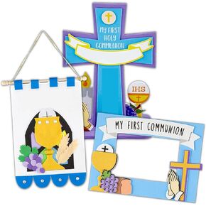 Keedzo First Compleion Banner Kit و Foam Frame and Cross و Catholic Crafts for Girls and Boys و 3 قطع بما في ذلك
