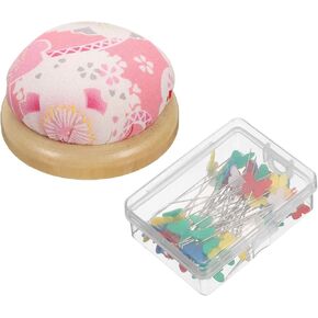 HARFINGTON Pin Cushion Wooden Base with 50 Pieces Sewing Pins Set Japanese Style Round Pincushion Needle Holder for Sewing Quilting Needlework DIY Crafts, Pink Floral Style in Kuwait