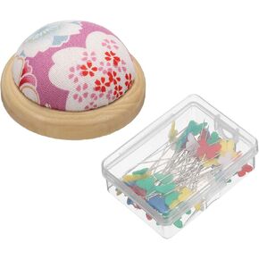 HARFINGTON Pin Cushion Wooden Base with 50 Pieces Sewing Pins Set Japanese Style Round Pincushion Needle Holder for Sewing Quilting Needlework DIY Crafts, Purple Floral Style in Kuwait