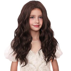 Kids Brown Wig Child Long Curly Wavy Wig Girls Brown Middle Part Wig Cosplay Wig Synthetic Wigs with Wig Cap