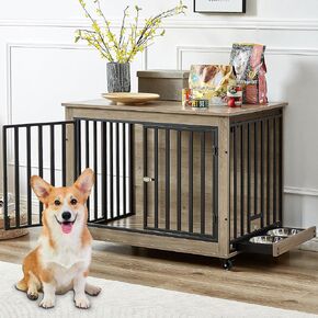 Rovibek 48 Inch Large Dog Crate with 2 Height Adjustable Dog Bowls 360° Rotatable, Cage Furniture for Large/Extra Large Dog Crate Indoor as End Table, Heavy Duty Dogs Kennel, Brown