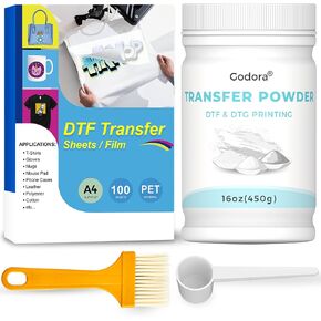 16 أوقية DTF مسحوق أبيض رقمي النقل الرقمي الساخن لماشية و 100 ورقة النقل A4 DTF (8.3 × 11.7 بوصة) لجميع طابعات ومواد DTF (النسيج ، البوليستر ، القطن ، إلخ) - بقلم غودورا