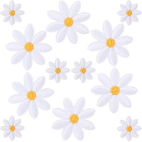 12 PCS Flower Iron on Patches, 2 Sizes White Daisy Applique Patch for Clothes, Cute Sew On Embroidered Floral Applique for Bags, Jeans, Shirts