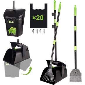 Bruiefpap Pooper Scooper, Long Handle Dog Pooper Scooper, Heavy Duty Stainless Steel Rake with Tray & Spade Set for Pet Waste Removal, for Grass, Dirt or Gravel