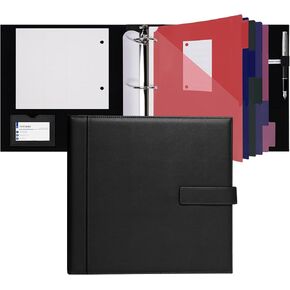 Poprun Pu Leather 1.5 Binder 3 Ring Binder ، منظم الأعمال المهني- يشمل فواصل PP ، 100GSM / GRADE PALLER PALLER ، بطاقة وملصق لعلامة التبويب- مثالية لاجتماعات العرض التقديمي ، الأسود