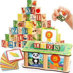 Lewo ABC Wooden Blocks for Toddlers 1-3 Alphabet Learning & Educational Toys with Box & Letter Spelling Matching Game, Boys Girls Montessori Building Blocks Birthday Gifts for Kids 1 2 3 4 Years Old