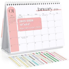 SKYDUE Desk Calendar 2025-2026, May 2025 to Dec 2026 20 Months Small Desk Calendar with Planner Stickers, 10" x 8" Desktop Calendar Planner, Minimalist