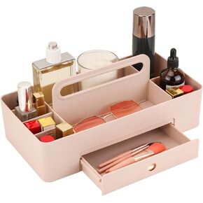 Multipurpose Caddy Organizer with Handle -8 Compartments and 1 small drawer - Art Craft Supplies, Office, Desk, Stationery Pen Holder, Makeup, Bathroom, Shower, Cleaning, Dorm Organizer - Pink